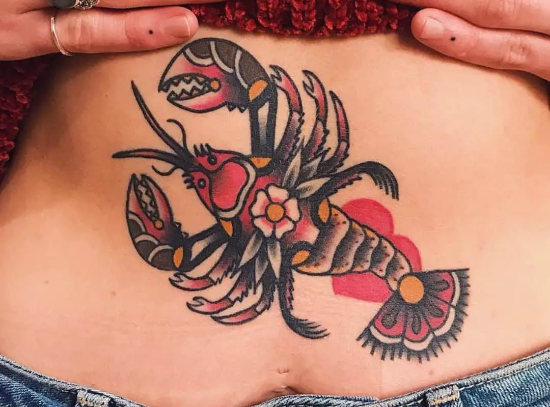 Red&black lobster belly tattoo