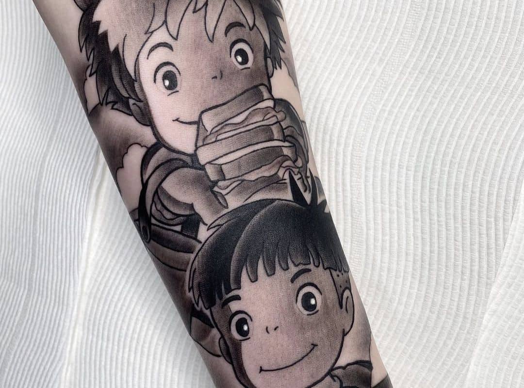 Black and grey sleeve with Ponyo and Sosuke tattoo