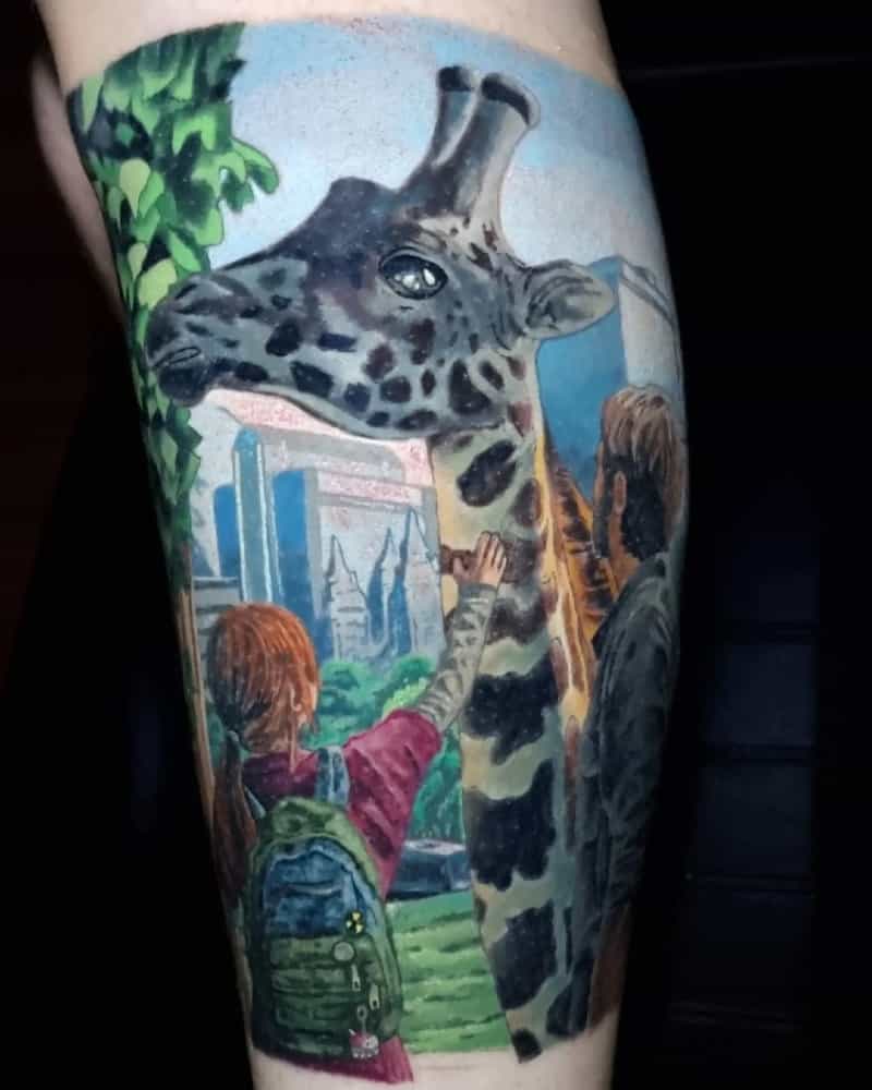 Tattoo Ellie stroking a giraffe