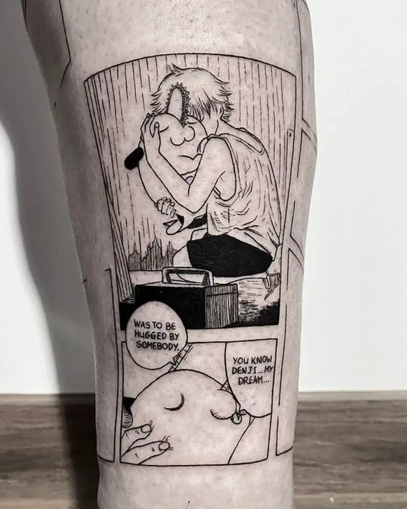 Tattoo frame from the manga where Denji is hugging Pochita