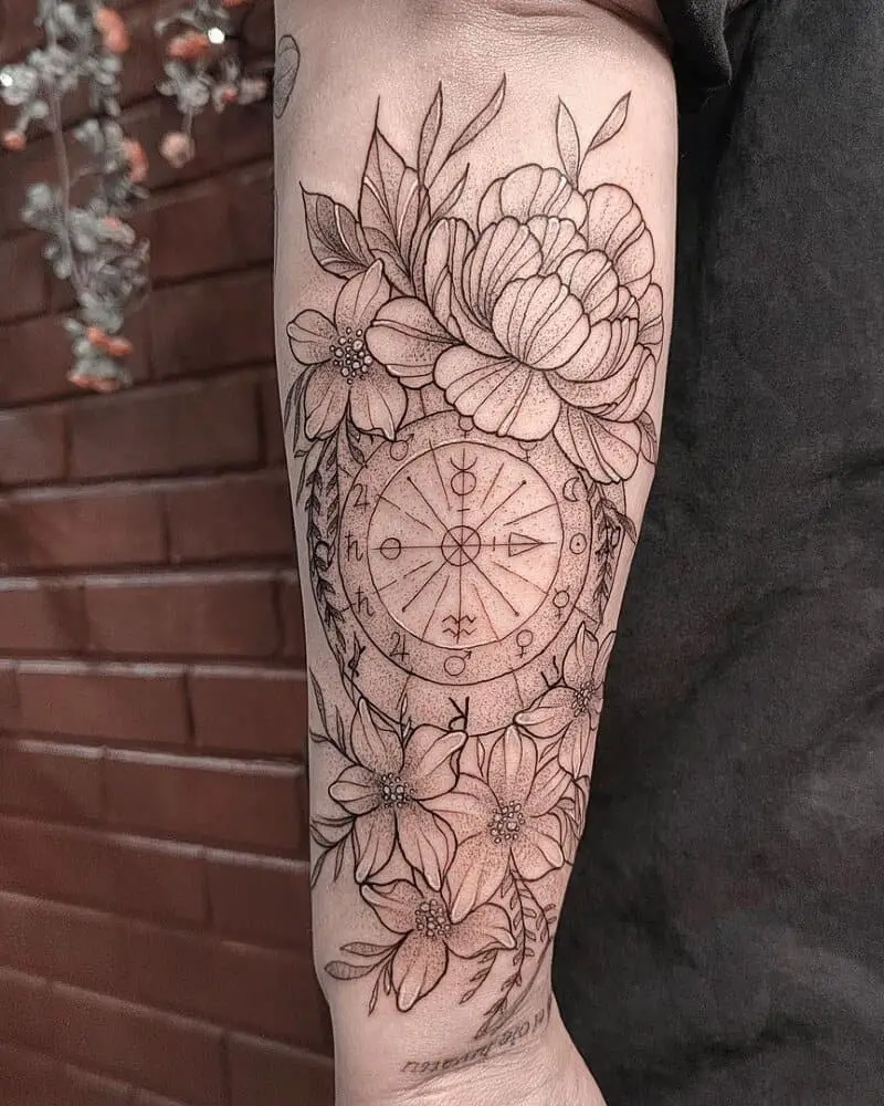 Tattoo in the form of a circle with Astronomical symbols and flowers around it