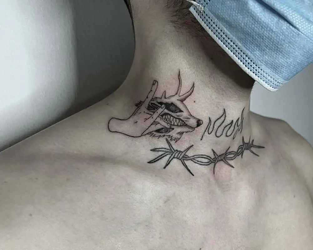 Tattoo in the form of a fox demon on the neck