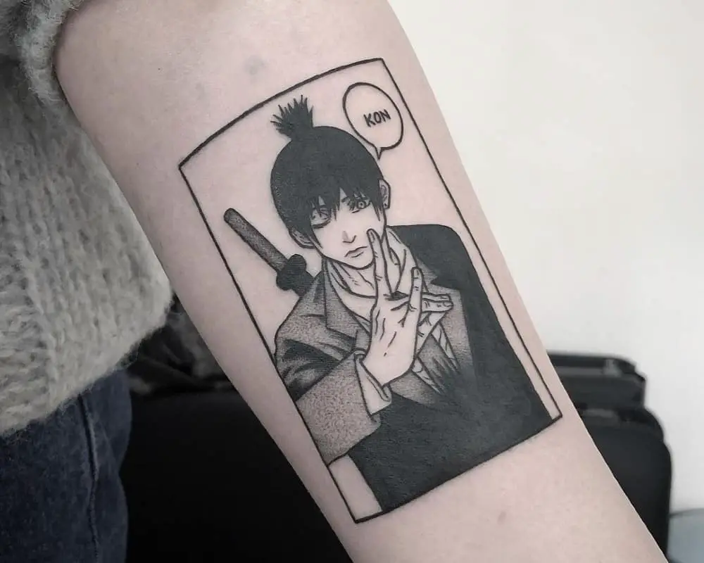 Tattoo in the form of a frame from the manga with the character Hayakawa Aki and his replica kon