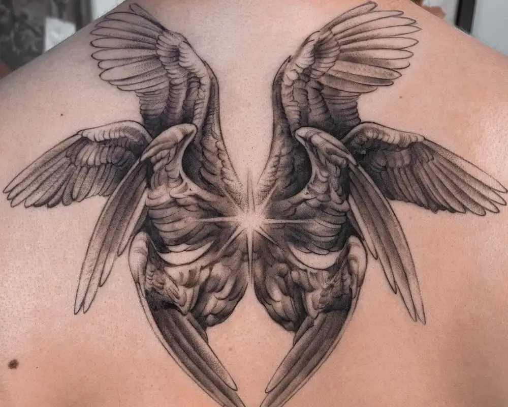 Tattoo in the form of wings with a star in the center and a star in the center