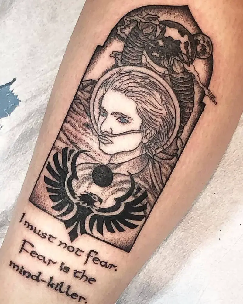 Tattoo of Paul Atreides with the coat of arms of the house of Atreides