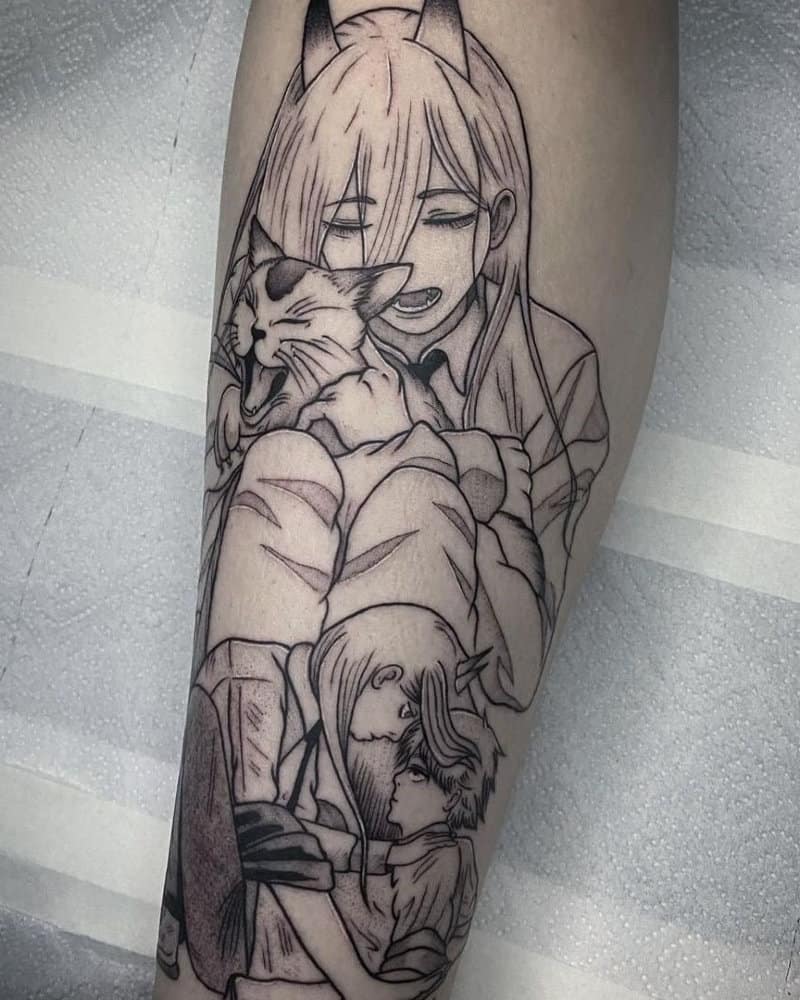 Tattoo of Power who is hugging a cat and Denji