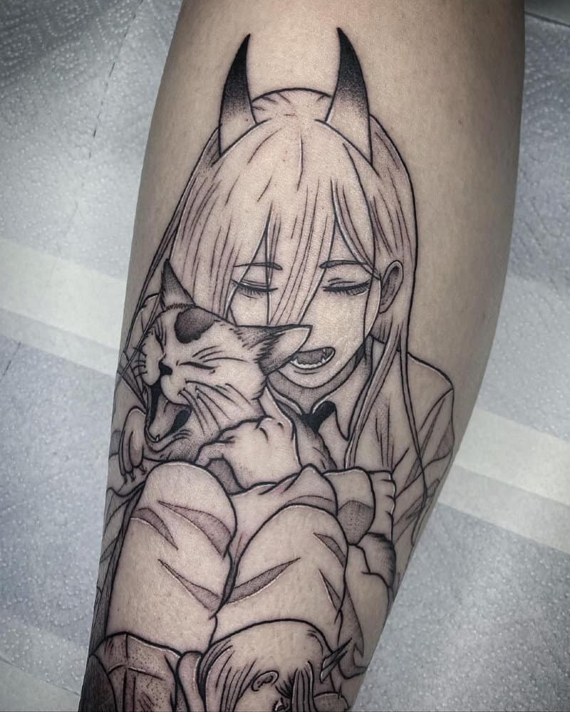 Tattoo of Power who is hugging a cat