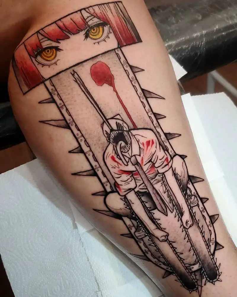 Tattoo of a chainsaw man and a Makita look and with a chainsaw blade in the background