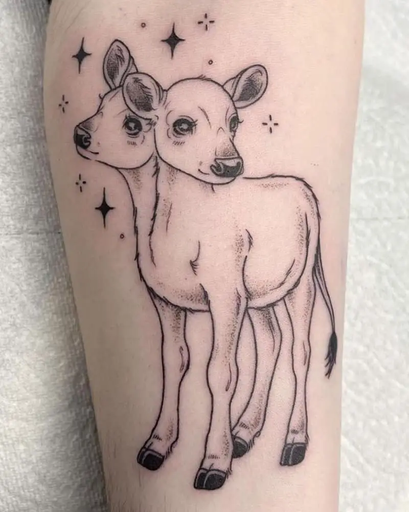 Tattoo of a cute two-headed calf surrounded by stars