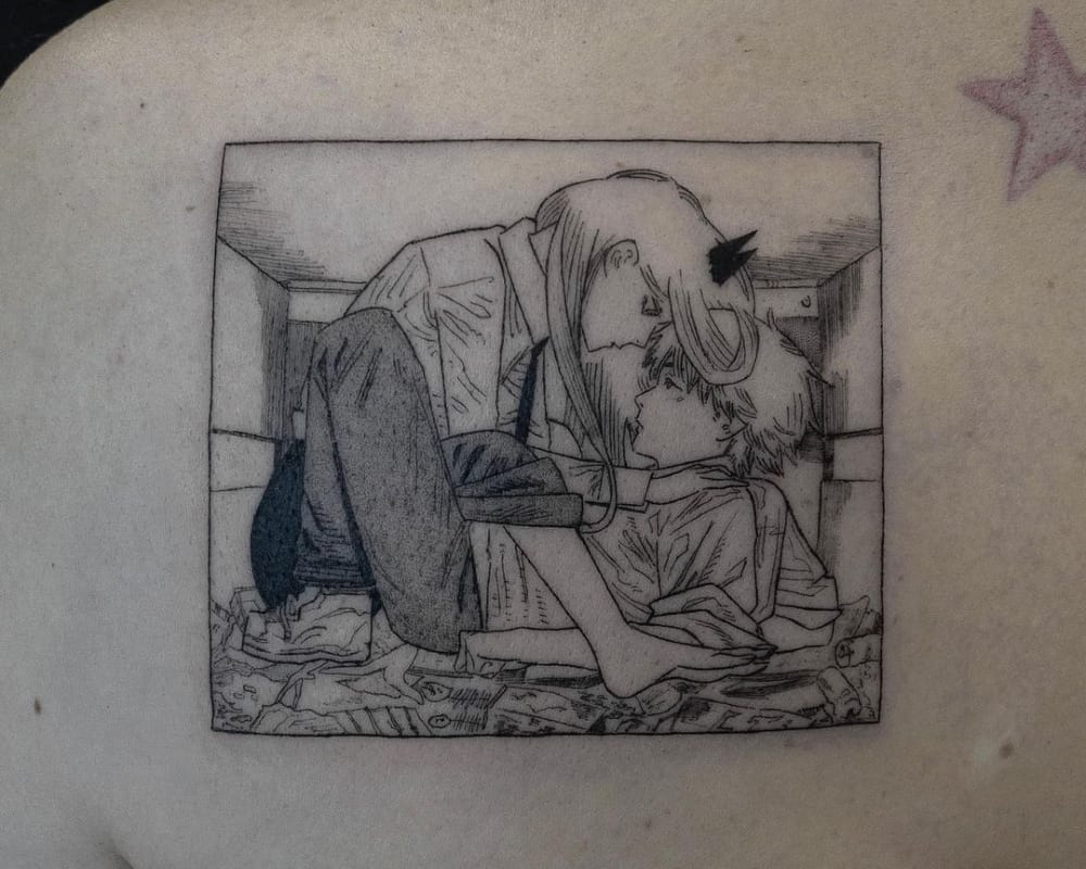 Tattoo of a frame from the manga with Power and Denji in the trash