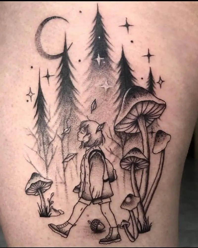 Tattoo of a girl walking in a forest at night with huge mushrooms