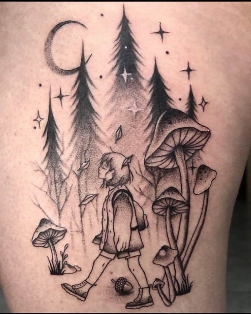 Tattoo of a girl walking in a forest at night with huge mushrooms