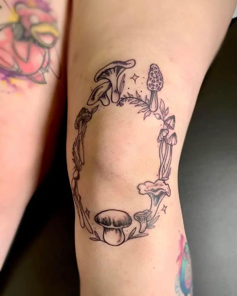 Tattoo of mushrooms growing in a circle around the knee
