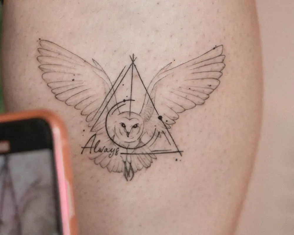 Tattoo of the Deathly Hallows and an owl