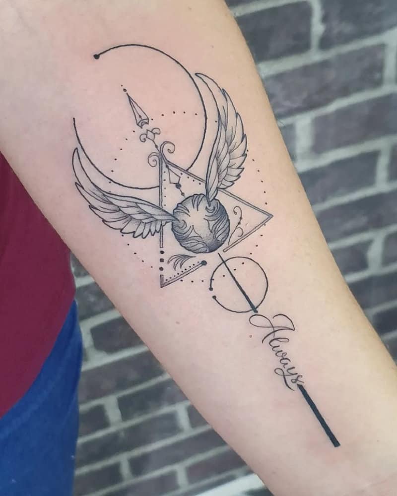 Tattoo of the Deathly Hallows sign, a snitch, and the inscription Always