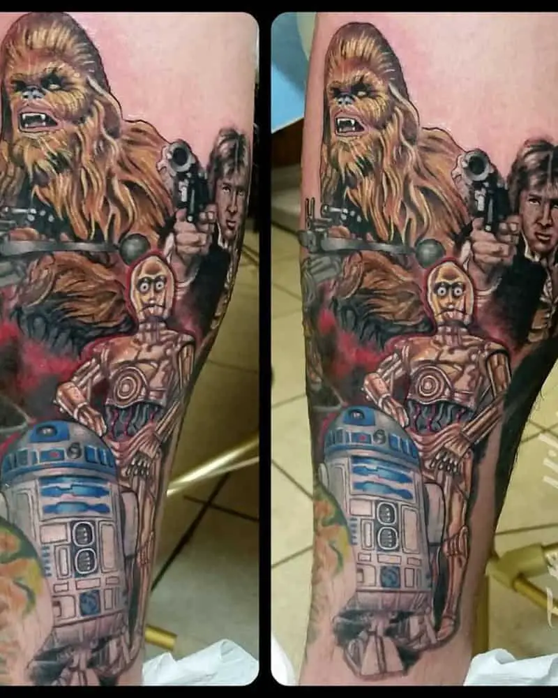 Tattoo with C-3PO, R2-D2, Chewbacca, Han Solo