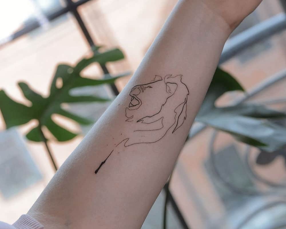 Tattoos in the form of a magic wand and a lion silhouette