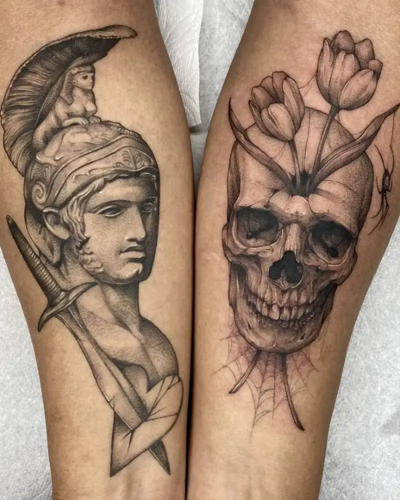 Tattoos of a Roman legionary with a heart pierced by a sword and a skull through which tulips grow