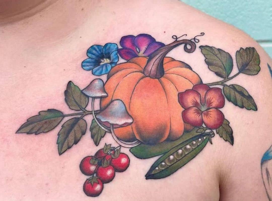 Pumkin with fruit and vegetables around tattoo