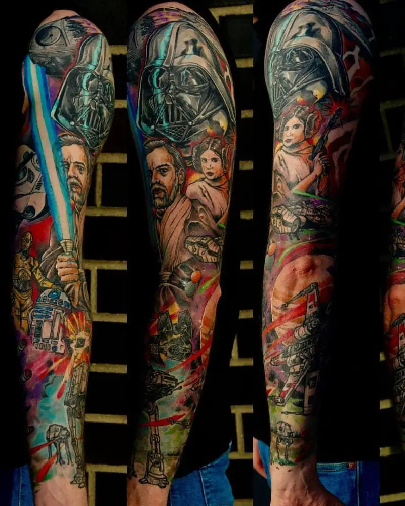 Very motley full sleeve tattoo with Darth Vader, Princess Leia, AT-AT, Obi-Wan Kenobi