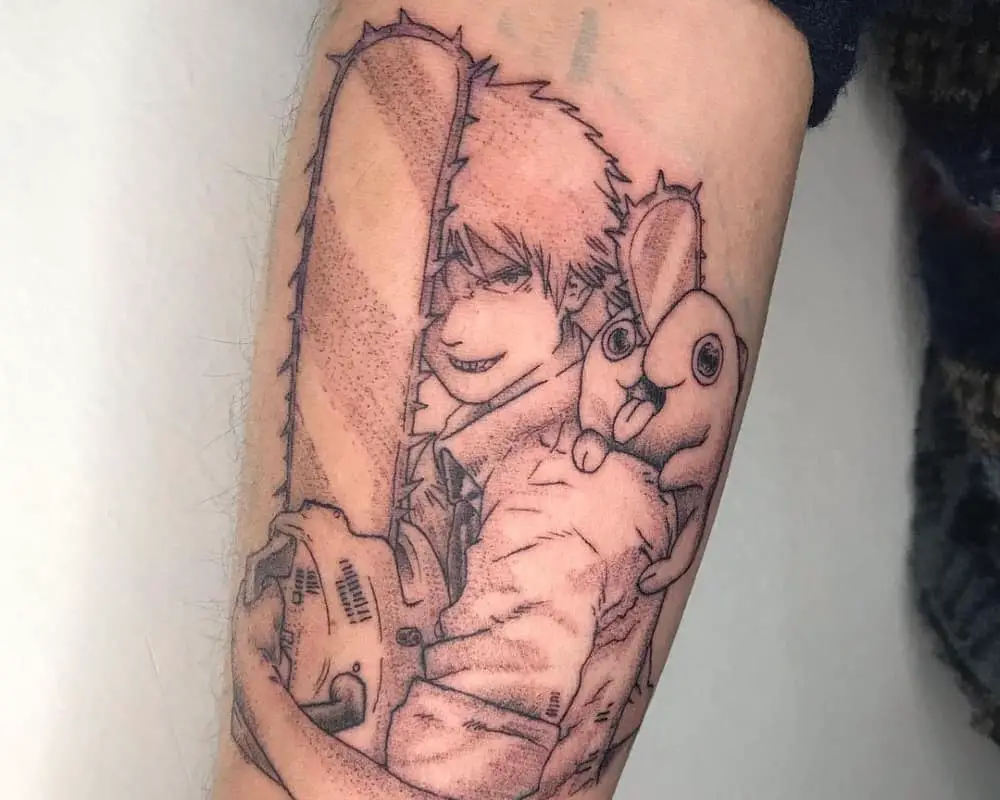 a tattoo of Denji holding a chainsaw with a demon-dog on his shoulder