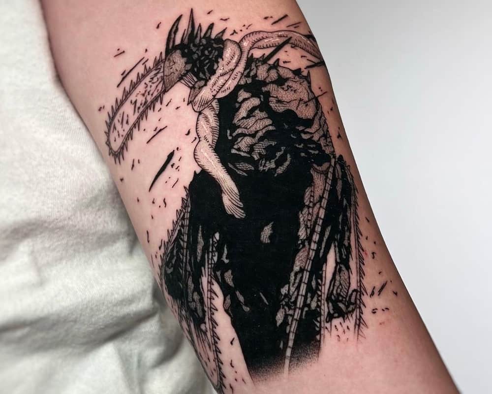 a tattoo of a chainsaw man in a scarf