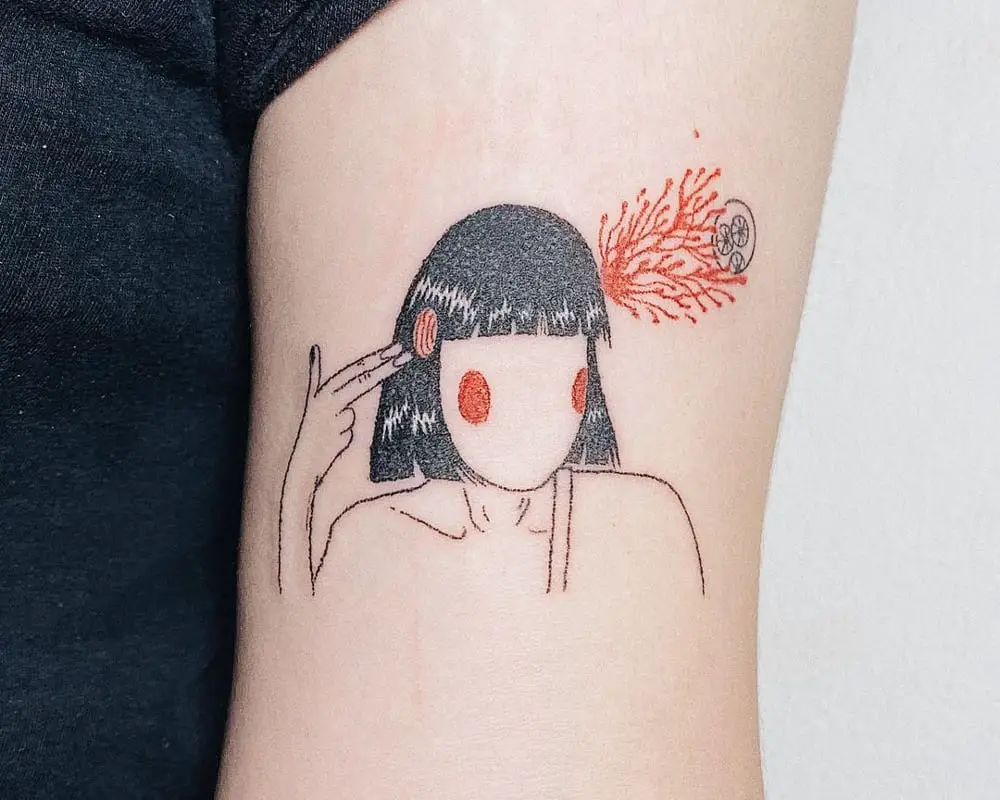 a tattoo of a girl who blows her brains out with a hand gesture