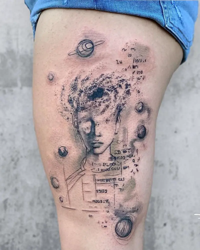 a tattoo of a girl's head with the universe inside and the cosmos around