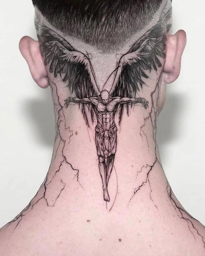 a tattoo of a man with wings all around his neck and the back of his head