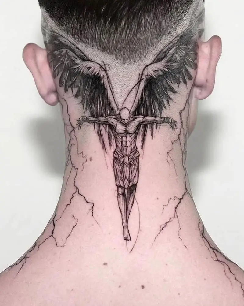 33 Grunge Aesthetic Tattoos Best Ideas In 2024   A Tattoo Of A Man With Wings All Around His Neck And The Back Of His Head 