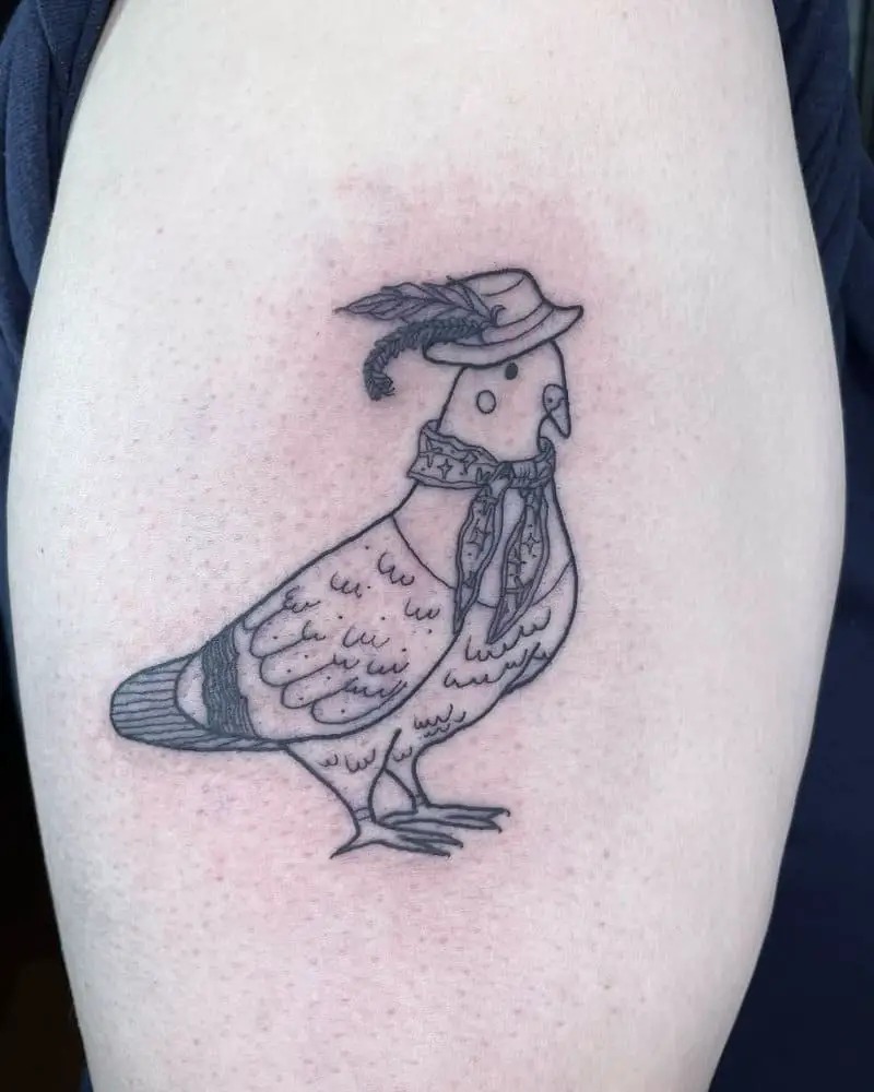 a tattoo of a pigeon in a hat and a scarf on the neck
