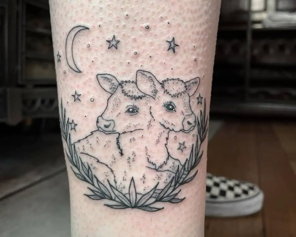 a tattoo of a two-headed calf with foliage and stars with the moon