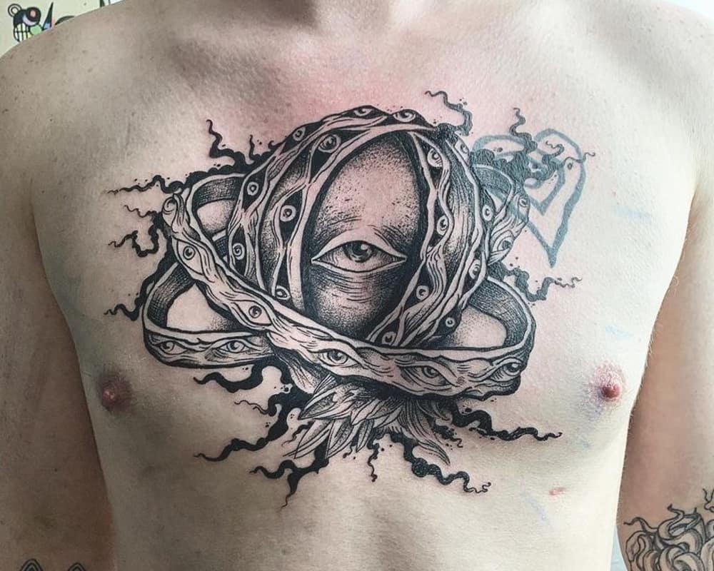 a tattoo of four wheels with eyes and an eye in the centre