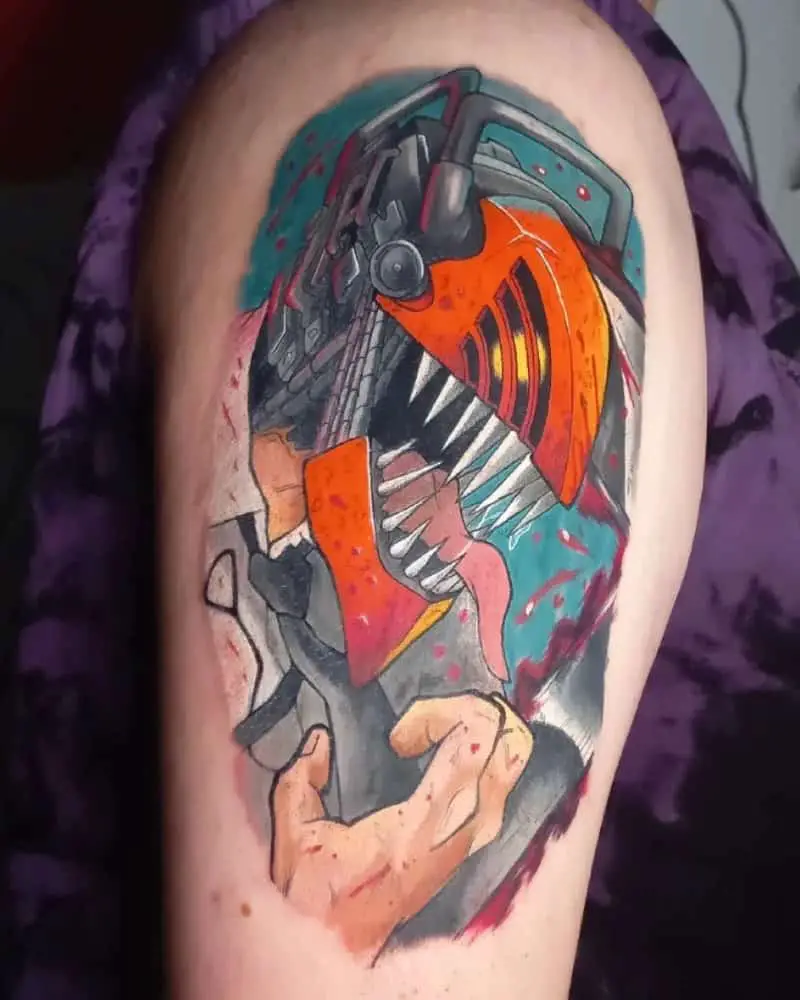 a very colorful chainsaw man tattoo