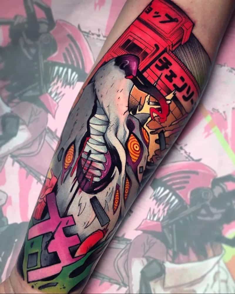 a very cool colored fox demon tattoo with bloody teeth