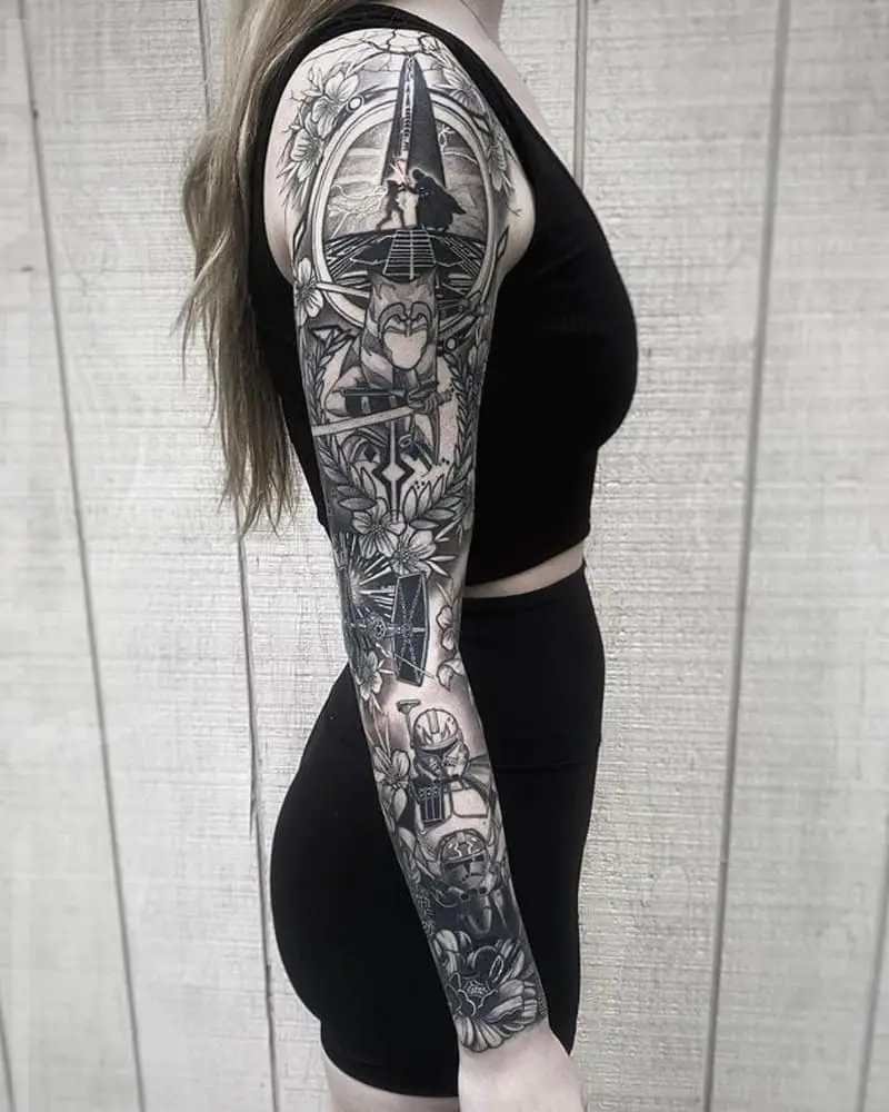 black and white full sleeve tattoo with Boba Fett, Ahsoka Tano and lots of detail