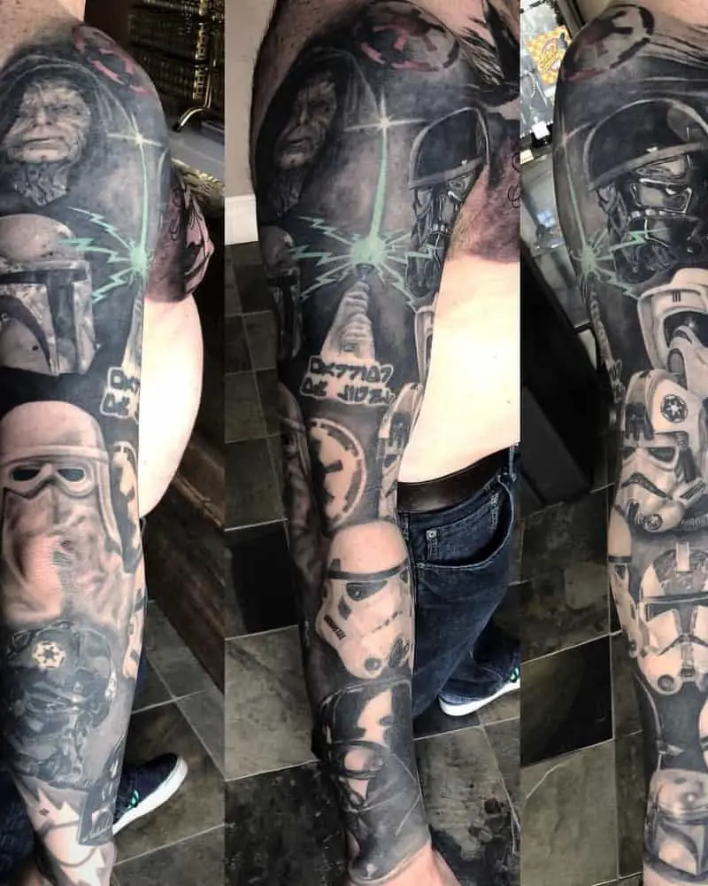 black and white full-sleeve tattoo with imperial stormtrooper clone, Boba Fett, Palpatine