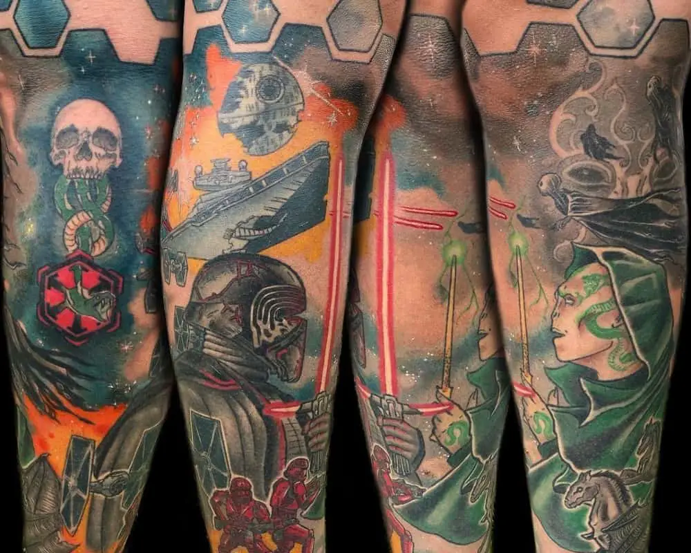 bright full sleeve tattoo with Ben Solo, Voldemort, Death Eaters and Empire emblems