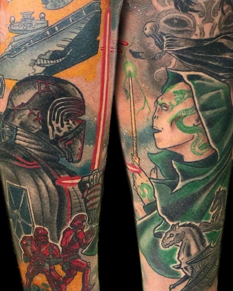 bright full sleeve tattoo with Ben Solo, Voldemort