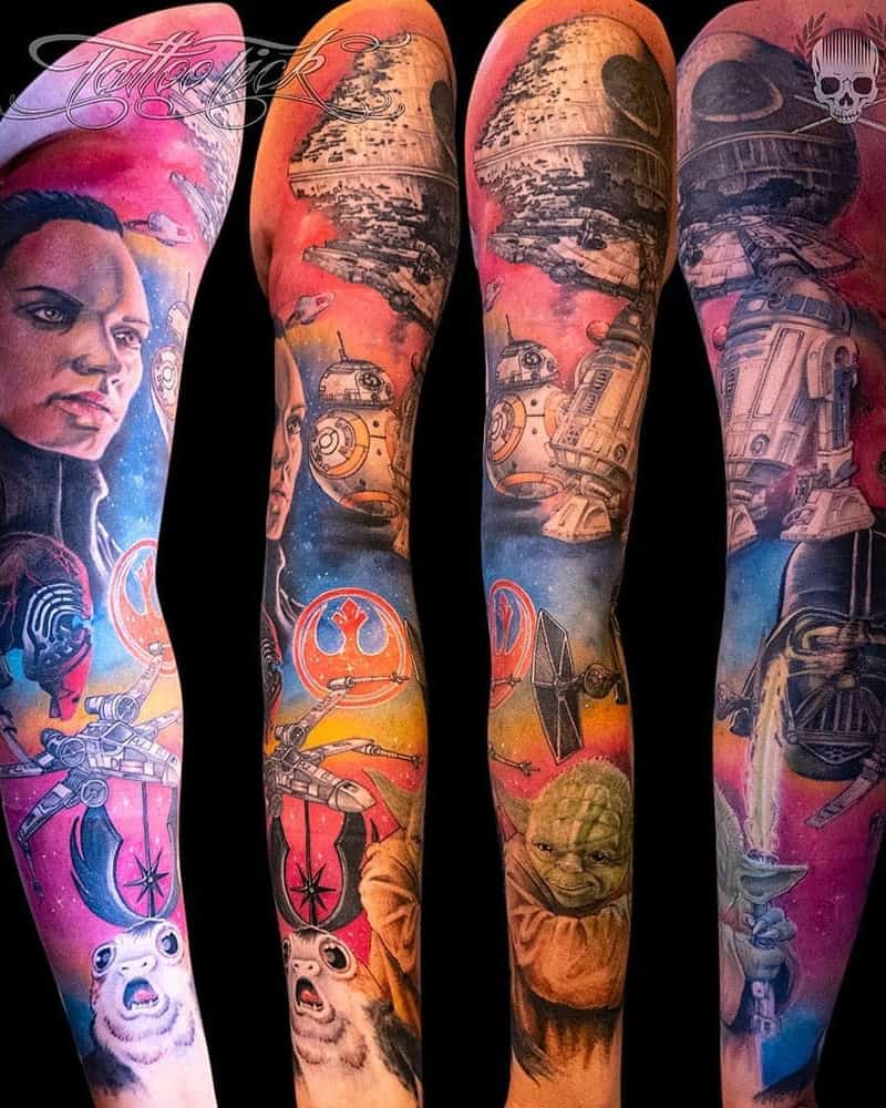 bright full sleeve tattoo with Rey Skywalker, BB-8, Yoda, Death Star