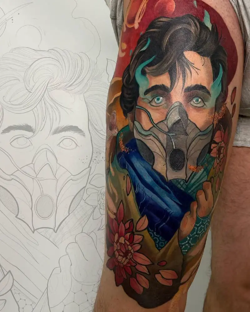 color tattoo of Paul Atreides and flowers