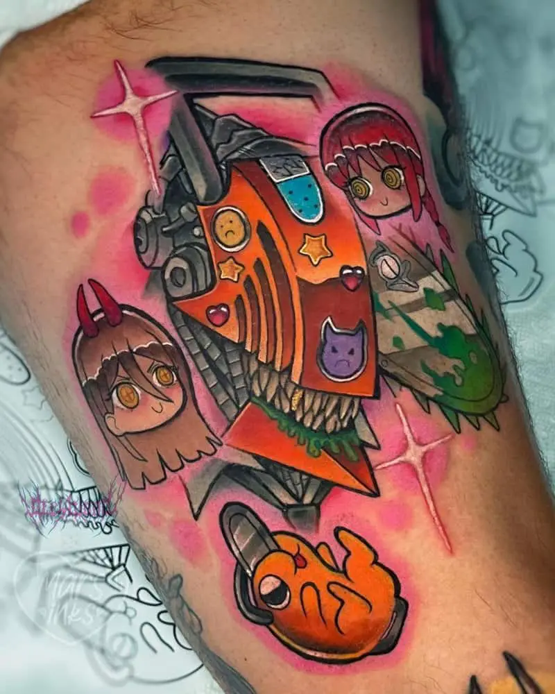color tattoo of the cute chainsaw men, Pochita, Power and Makima