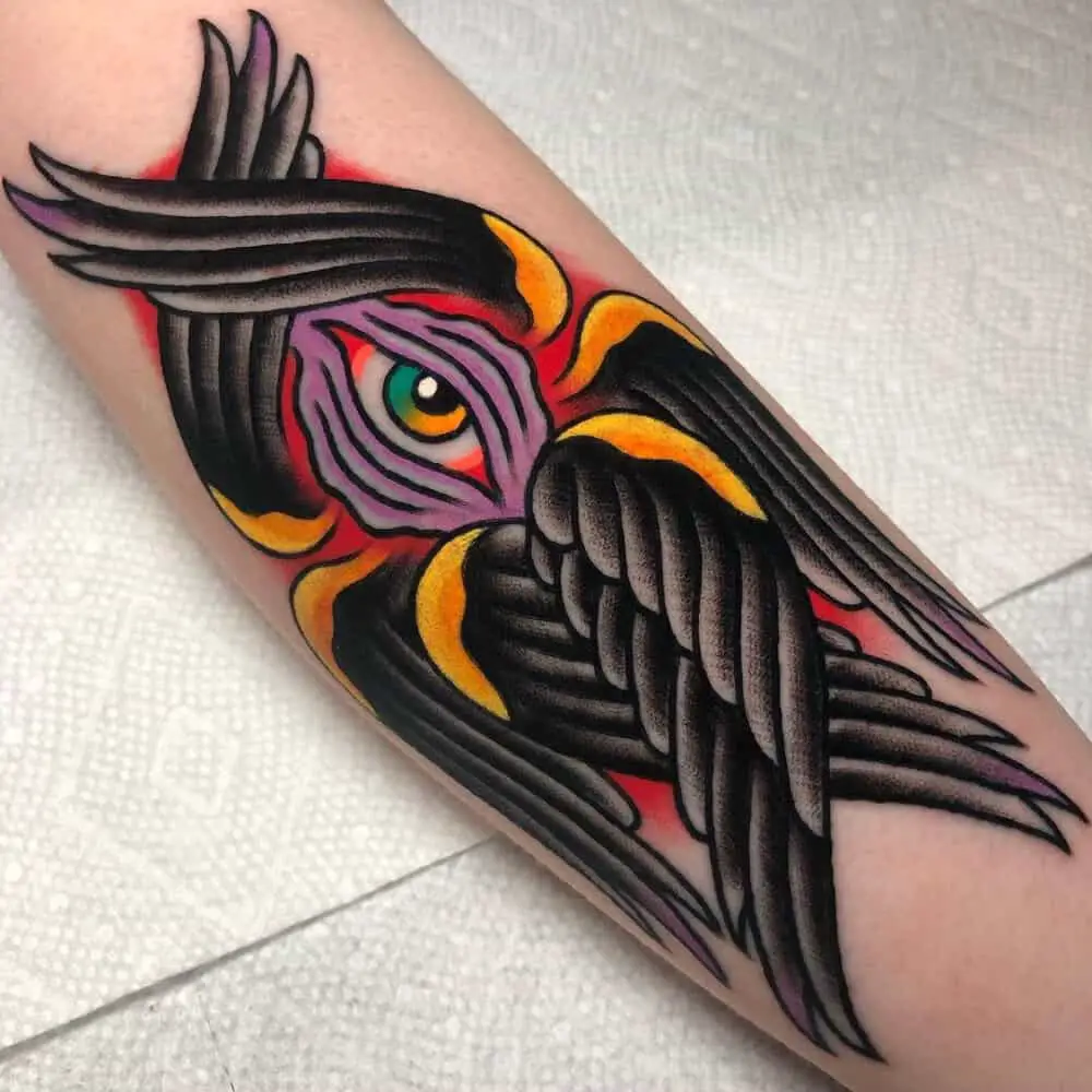 coloured tattoo of an angel with a six-winged eye