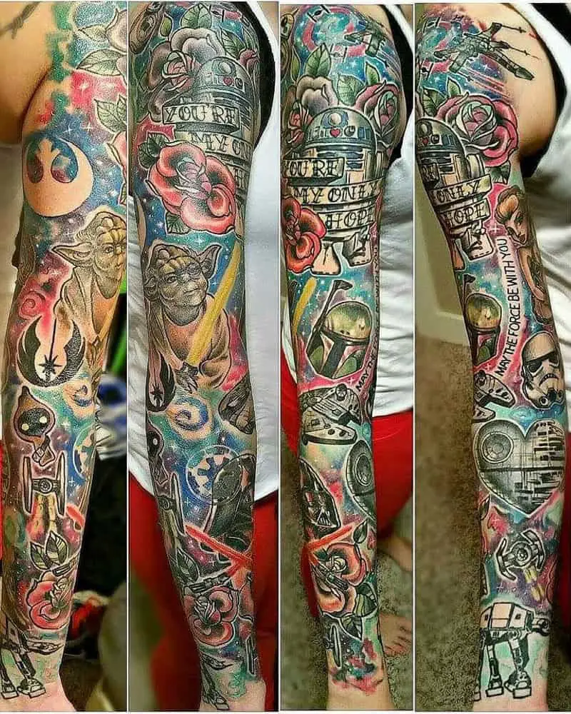 colourful full sleeve tattoo with Darth Vader, Imperial Stormtrooper, Boba Fett, and lots of detail