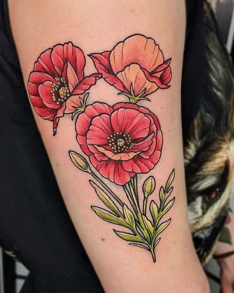 colourful poppy bouquet tattoo