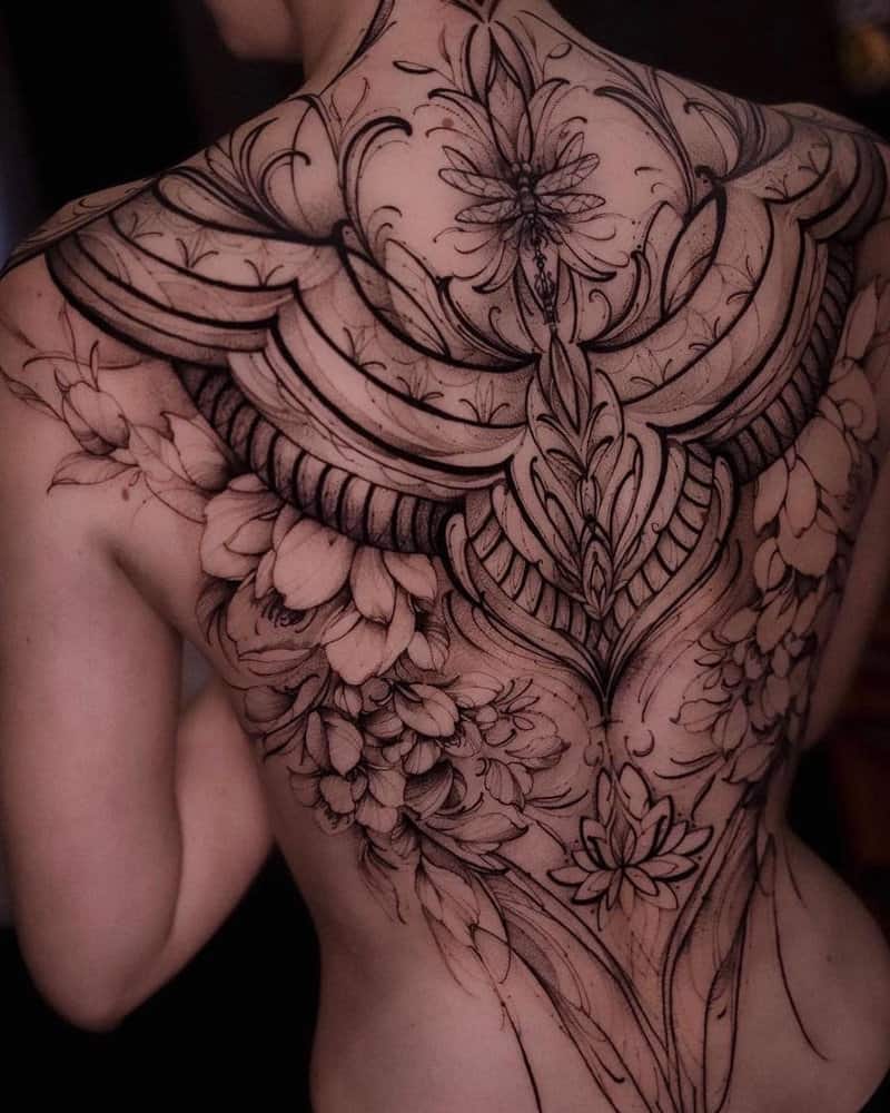 full-back tattoos of patterns and flowers