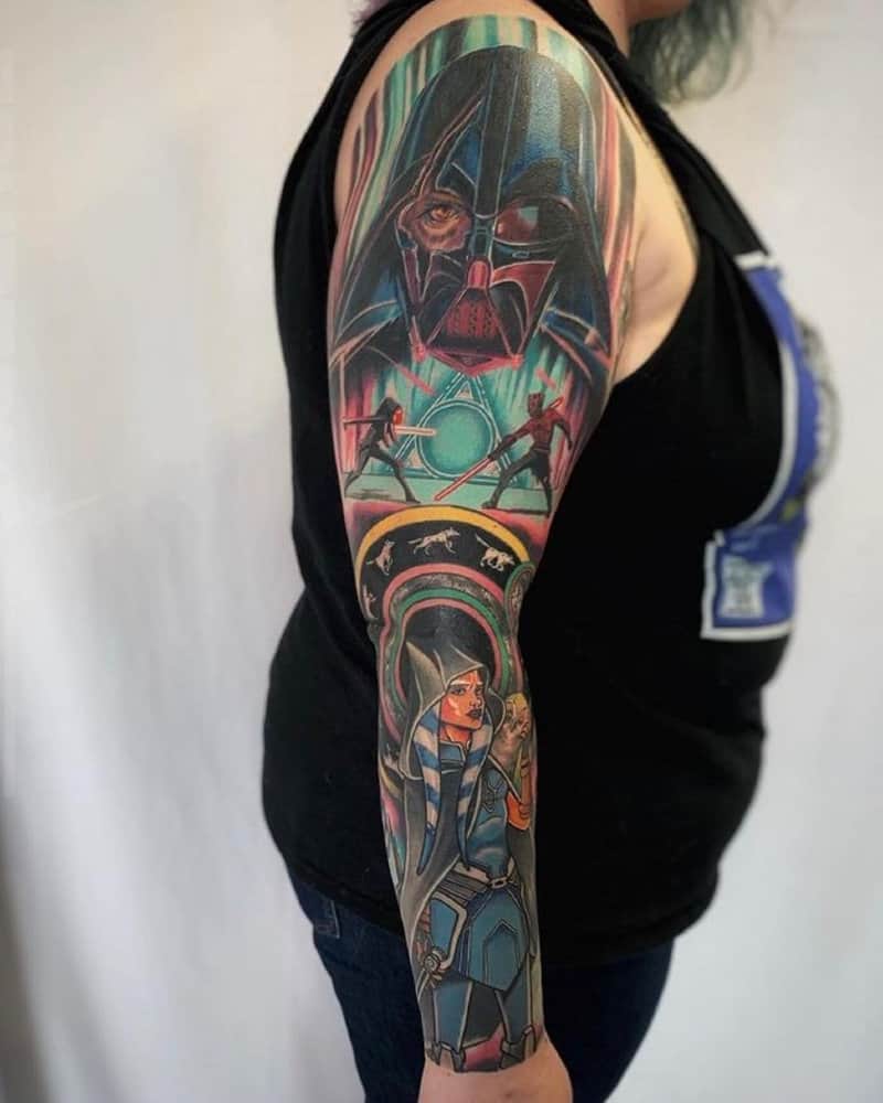 full sleeve colour tattoo with Ahsoka Tano and Darth Vader