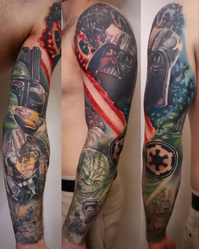 full sleeve colour tattoo with Boba Fett, Darth Vader, Rebel pilot and Yoda