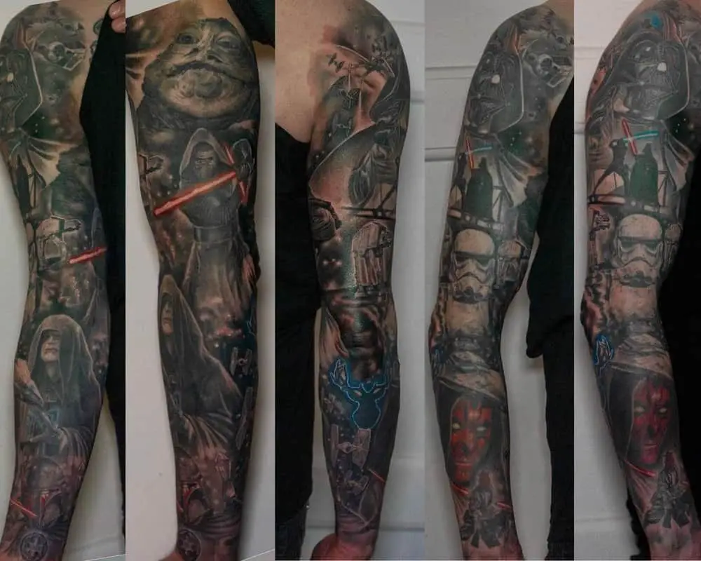 full sleeve tattoo with Ben Solo, Darth Maul, Palpatine