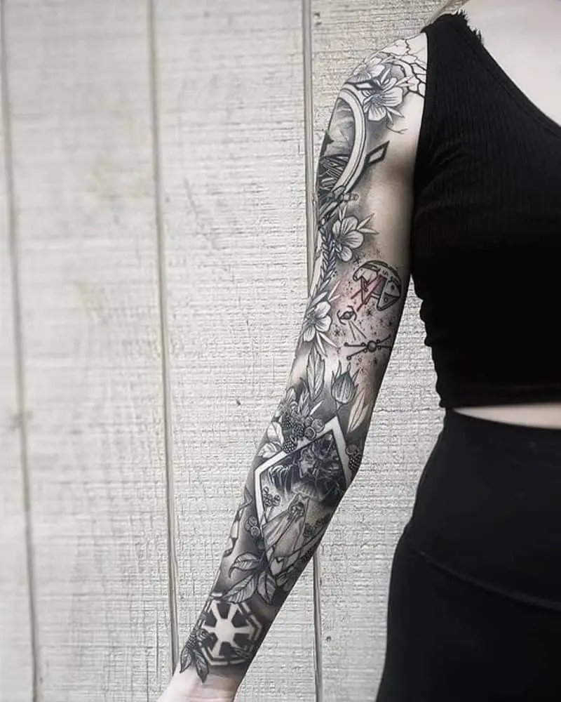 full sleeve tattoo with Boba Fett, Ahsoka Tano and lots of detail
